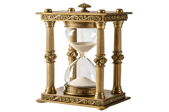 An ornate vintage hourglass with a golden brass frame and classical columns, measuring the passage of time with flowing white sand isolated on a white background