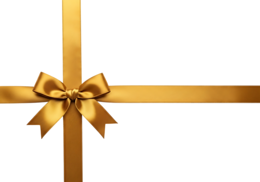 Golden satin ribbon tied in a bow with crossing ribbons isolated on a transparent background silk