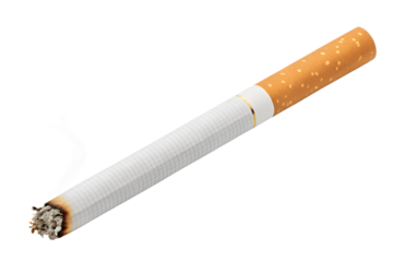 Close-up of a Lit Cigarette with Burning Ember on a White Background, Emphasizing Health Risks