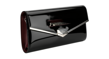 Black patent leather clutch purse with silver clasp isolated PNG with Transparent Background