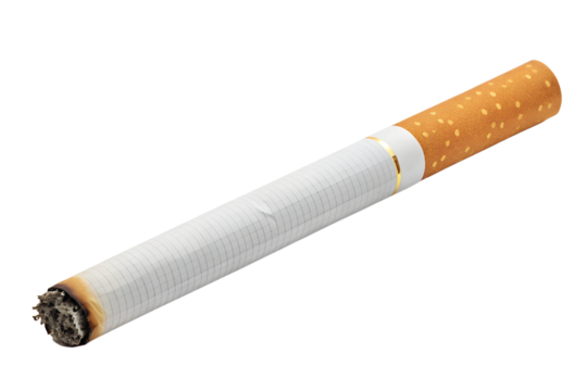 Close-up Shot of a Lit Cigarette with Smoke, Showing Tobacco and Filter on White Background