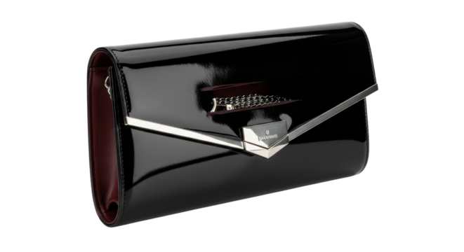 Black patent leather clutch purse with silver clasp isolated PNG with Transparent Background