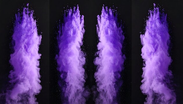 Four vertical columns of vibrant purple powder rising against a stark black backdrop. Fine particles create a smoky texture