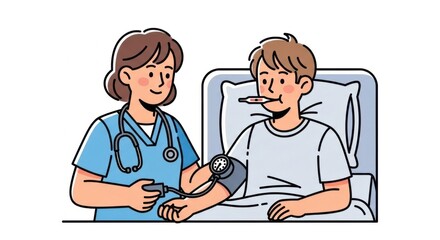 Medical Nurse Monitoring Sick Patient with Thermometer and Blood Pressure Cuff in Hospital Bed