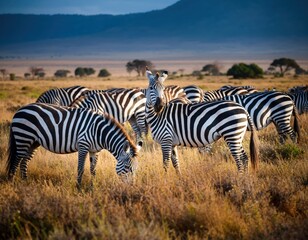 Naklejka premium Herd of Zebras Grazing in Beautiful African Landscape at Sunset
