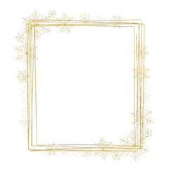 Shimmering golden glitter frame with delicate snowflakes perfect for winter holiday designs and elegant celebrations.