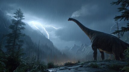 Dinosaur in a Rainstorm During a Lightning Storm in the Mountain Wilderness
