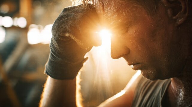 Sweaty worker wiping brow under sunlight flare industrial setting emotional realism focused on detail