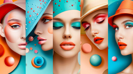 Vibrant makeup styles on models showcasing bold colors and creative designs in a contemporary artistic setup
