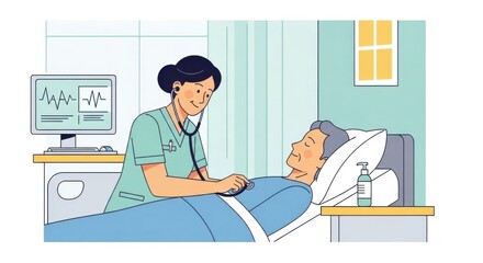 Nurse Checking Elderly Patient in Hospital Bed with Medical Equipment and Monitor