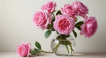 A beautiful arrangement of pink roses in a clear glass vase on a table