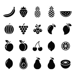 Black Silhouette Fruit Icons Set &ndash; Bold Minimal Tropical Fruits Vector Pack
