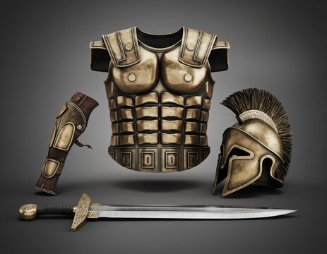 Ancient Warrior Armor Set Including Breastplate, Helm, and Sword