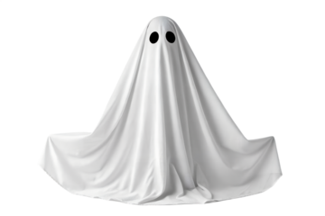 Spooky Halloween character dressed in a traditional white ghost costume with dark eye holes, floating eerily against a stark white isolated studio background