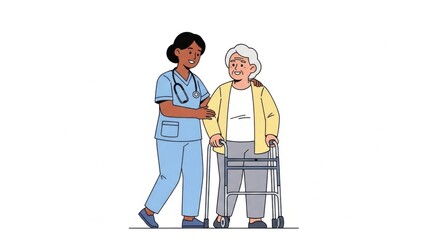 Compassionate Nurse Caring for Elderly Woman Using Walker in Healthcare Setting