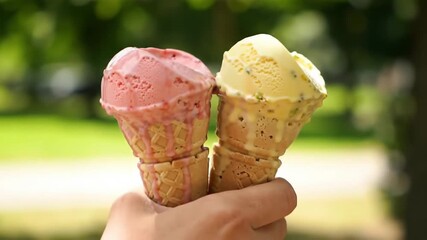 Hand holding two ice cream cones, melting on a sunny day in a park, for dessert ads