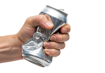 Hand crushing a crumpled silver aluminum beverage can with reflections isolated on a transparent background