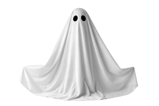 Spooky Halloween character dressed in a traditional white ghost costume with dark eye holes, floating eerily against a stark white isolated studio background