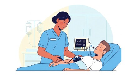 Nurse Monitoring Patient in Hospital Room with Medical Equipment and Vital Signs Display