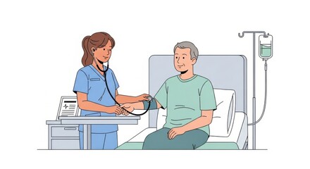 Nurse Caring for Male Patient in Hospital Bed with Iv Drip