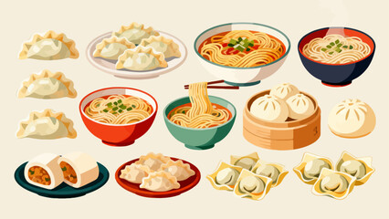A collection of noodle delicacies, cartoon hand-drawn vector illustrations, dumplings, noodles, shumai, steamed buns, mantou, and bread
