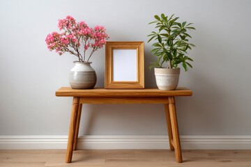 A wooden table displays a vase of pink flowers a blank picture frame and a potted plant