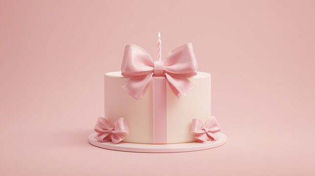 Baking celebration cake with decorative pink ribbons and a single candle