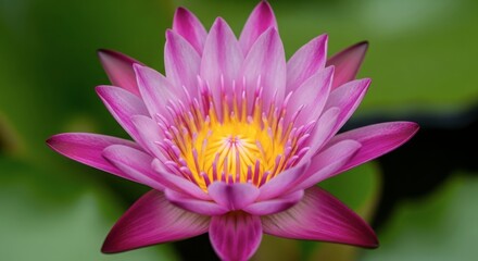 Obraz premium Closeup of a vibrant pink lotus flower with a yellow center in bloom