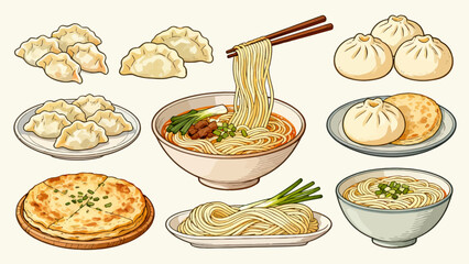 A collection of noodle delicacies, cartoon hand-drawn vector illustrations, dumplings, noodles, shumai, steamed buns, mantou, and bread