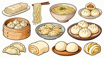 A collection of noodle delicacies, cartoon hand-drawn vector illustrations, dumplings, noodles, shumai, steamed buns, mantou, and bread