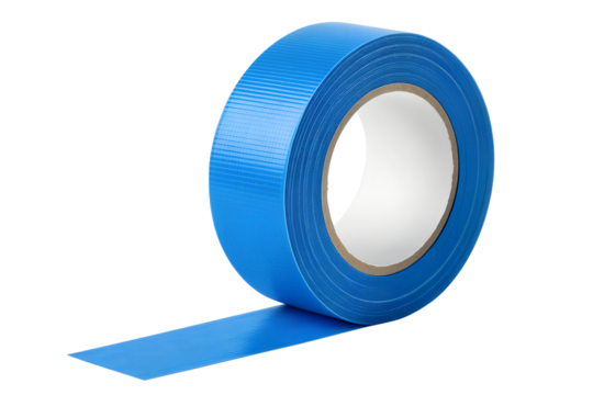 A vibrant blue roll of heavy-duty adhesive cloth tape unrolling on a clean white background, perfect for repairs, crafting, and industrial applications