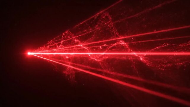 Red laser beams traverse a dark space, creating ethereal patterns