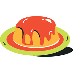 Dessert Pudding Topped with Red Sauce Served on a Round Green Plate with a Subtle Shadow Against a Transparent Background Artistic Representation