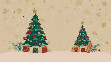 Obraz premium Cena ilustrada com duas árvores de Natal decoradas, presentes e neve suave, criando ambiente festivo e encantador ideal para cartões e artes temáticas.