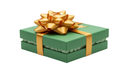Green gift box with golden ribbon and bow isolated PNG with Transparent Background