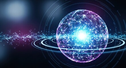 A glowing, spherical object with a network of interconnected points and lines, set against a dark, starry background.