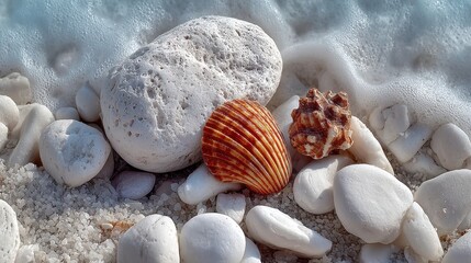 Assortment of seashells and rocks scattered across the sand with a blurred ocean backdrop, perfect for use in stock market visuals