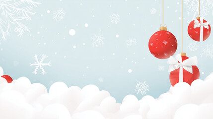 Composi&ccedil;&atilde;o natalina com bolas vermelhas suspensas sobre fundo azul claro com neve suave, criando visual festivo, elegante e perfeito para artes e campanhas de fim de ano