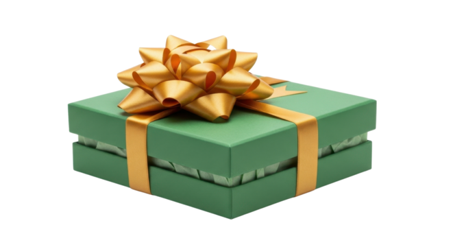 Green gift box with golden ribbon and bow isolated PNG with Transparent Background