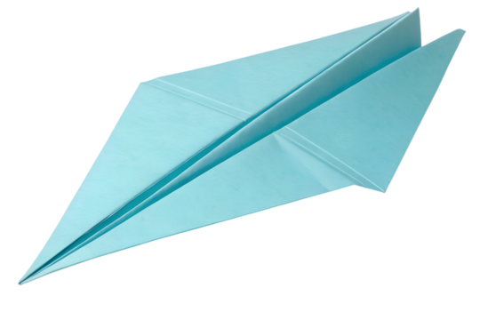 A light blue folded paper airplane symbolizing childhood dreams, creative ideas, and business communication, poised for flight and adventure on an isolated white background