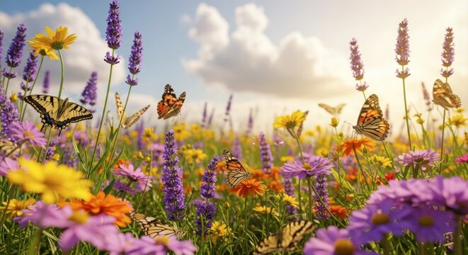 Butterflies flutter among colorful flowers in a sunlit meadow landscape