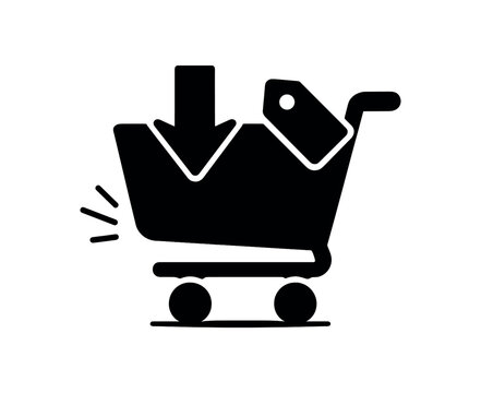 Cart with price drop arrow black silhouette with wheel and tag line accents deal alert shopping icon