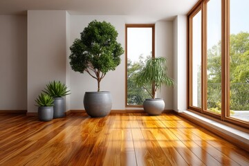 Sunlit modern living room with lush potted plants and polished wooden floors