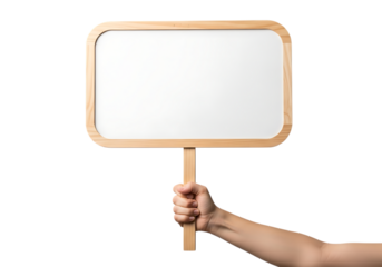 Hand holding a blank white rectangular sign with rounded wooden frame and handle isolated on a transparent background