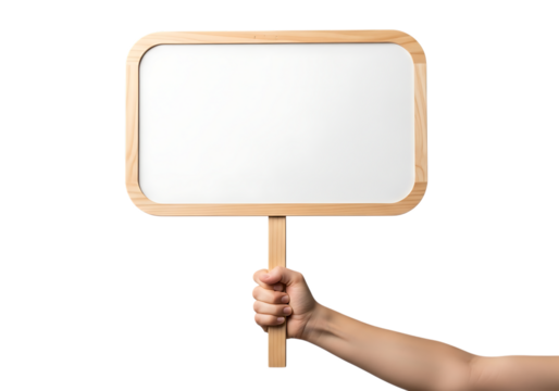 Hand holding a blank white rectangular sign with rounded wooden frame and handle isolated on a transparent background - Powered by Adobe