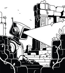 Monochrome illustration of a small exploration robot shining a bright light beam while discovering ancient ruins in a jungle environment.