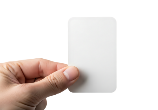 Hand holding a blank white rectangular card with rounded corners isolated on a transparent background