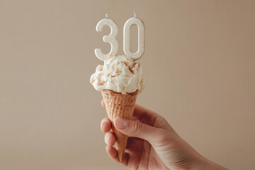 Celebration of a milestone with an ice cream cone topped with a 30