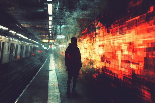 Generative AI glitch art of person silhouette against urban lights and digital rain in abstract futuristic style - Powered by Adobe