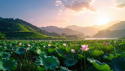 A vast field of blooming pink lotus flowers and green lily pads stretches towards a tranquil lake, with terraced green hills and misty mountains in the backgrou